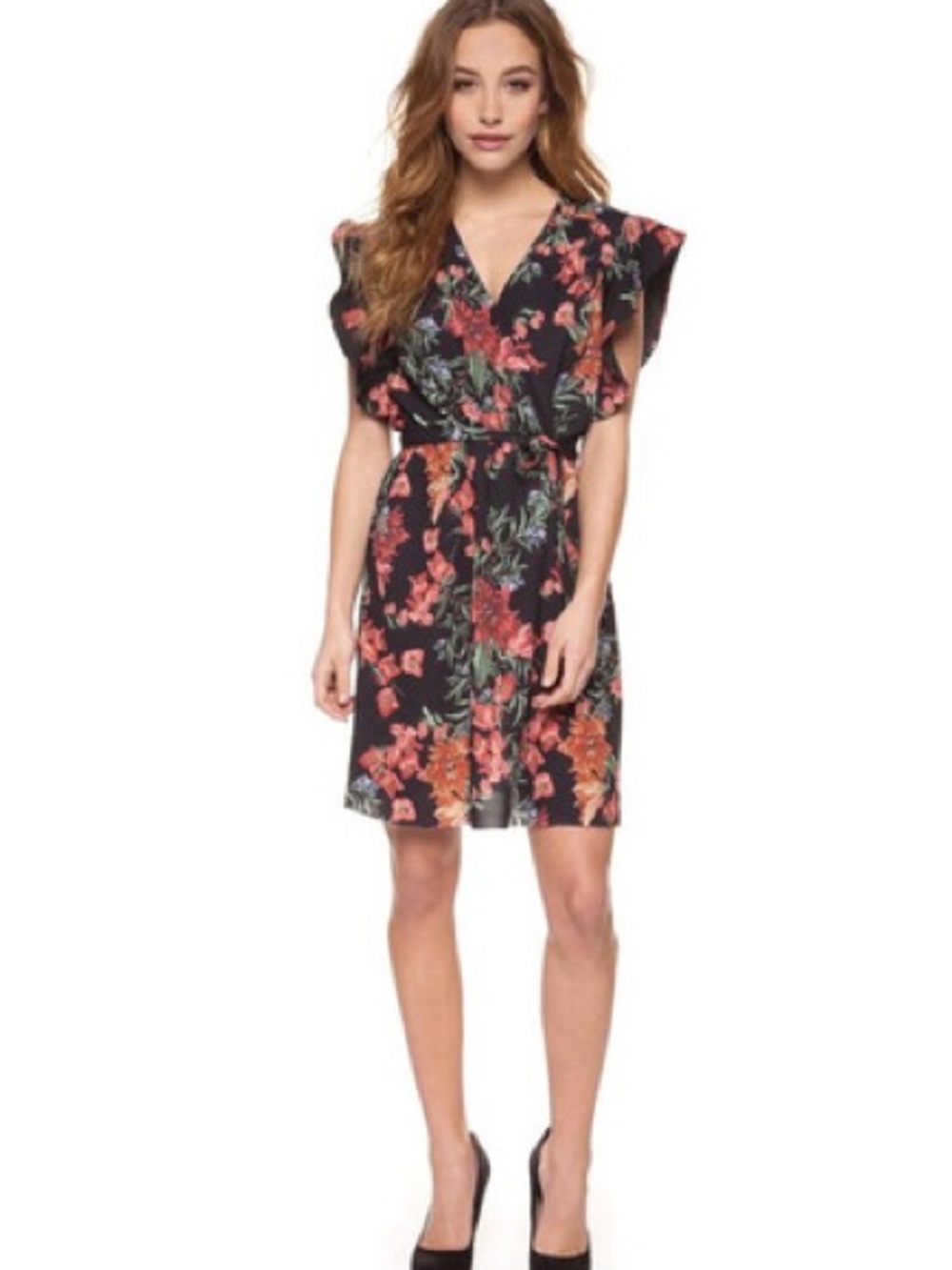 Dex Adore Cap Sleeve Wrap Dress - Black Floral